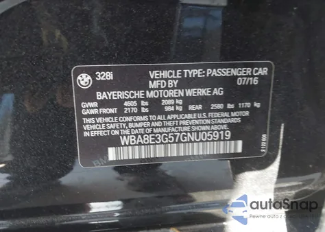 2016 BMW 328I xDrive из США, поврежденный, VIN WBA8E3G57GNU05919